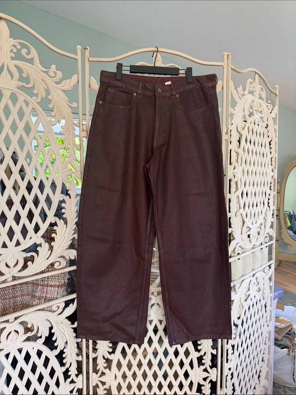 H&M Women's Wide-Leg Coated Pants in Deep Wine Brown